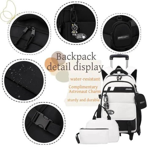 Three Piece Boys Rolling Backpack Set For School And Travel With Six Wheel Trolley Design showing details like zippers, charm, and fabric.