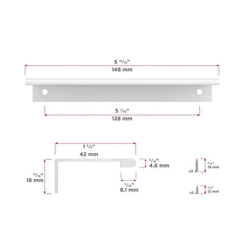 White Modern Cabinet And Drawer Edge Pull Handle Center To Center Five And One Sixteenth Inch 128 Mm dimensions diagram