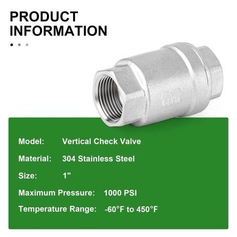 Vertical check valve, 1-inch female threaded, 304 stainless steel, backflow prevention valve.