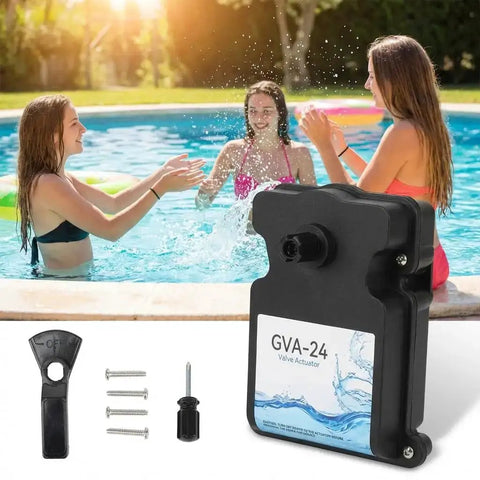GVA 24 Pool Valve Actuator Replacement With 15 Foot Cable in front of a swimming pool with women playing, includes installation parts
