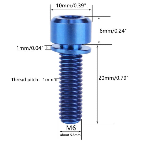 Detailed view of Titanium Bolt M6x20mm Allen Hex Pillar Head for Bicycle in blue, showing measurements and thread pitch.