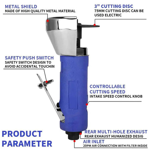 3 Inch Air Cut Off Tool Kit With Five 3 Inch Cutting Discs, Pneumatic Metal Sheet Cutter, highlighted features and design elements