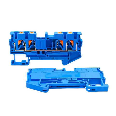 10 Piece Four Wire Terminal Block Set With 2.5mm² Spring Clamp For DIN Rail Mounting Compact Electrical Connections For Heavy Duty Current With Vibration Resistant Housing And Flame Retardant Shell in bright blue color, showcasing dual layers.