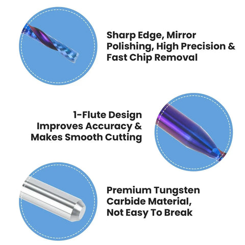 O Flute CNC Router Bits Ten Pack End Mills For Engraving And Milling With One Eighth Inch Shank One Sixteenth Inch Cutting Diameter shown with sharp edges and 1-flute design