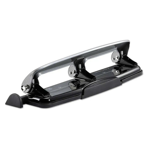 EZ Squeeze 12 Sheet Three Hole Punch With No Jam Tech, all metal office punch for 12 sheets, silver and black, side view