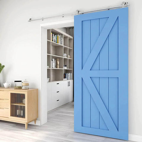 14 Foot Stainless Steel Sliding Barn Door Hardware Track Kit Top Mount T Hanger Set For A Single Door Easy To Install No Fuss Heavy Duty Roller System Fits Wood Doors 1.37 To 1.57 Inches Thick Supports Up To 220 Pounds installed in living room