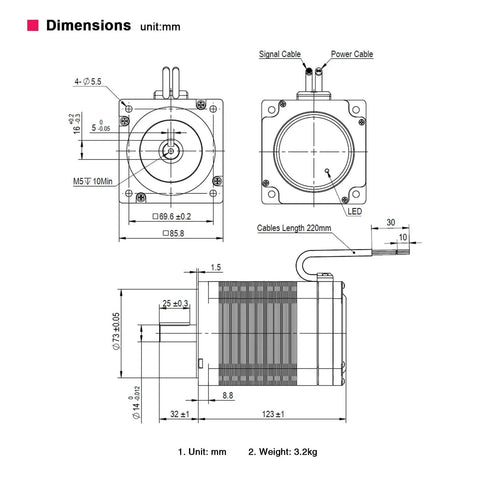 Technical diagram of NEMA 34 Integrated Servo Motor With Built In Multi Turn Absolute Encoder And Closed Loop Servo Controller dimensions.