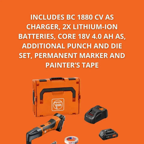 Cordless Nibbler For Roofs And Facades kit with charger, 18V batteries, punch and die set, marker, and tape on orange background.