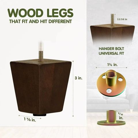 3 Inch Square Wood Furniture Legs Set Of 4 With Levelers, Adjustable Tapered Replacement Feet, Brown Walnut Solid Wood Finish