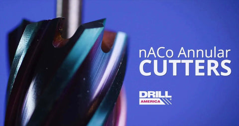 Close-up of Nano-Composite Blue Coated Annular Cutter Five Eighths Inch By Two Inch ANC Series NACO Coating, Drill America.