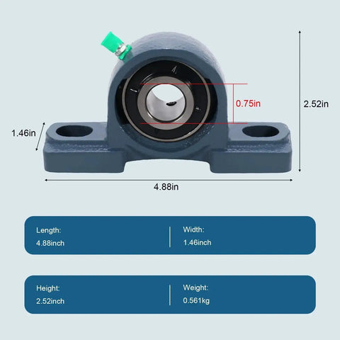 Front view of Two Pack UCP204 12 Pillow Block Bearing Kit for three quarters inch shafts with dimensions and solid cast iron base.