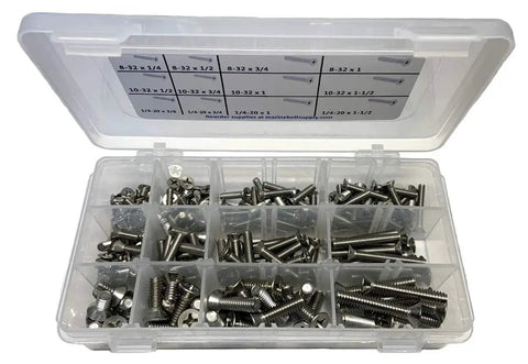 Type 316 Stainless Steel Phillips Flat Machine Screws Kit with 12 sizes in a plastic organizer