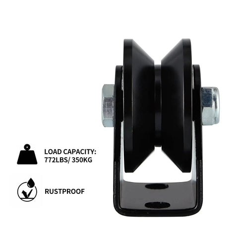 Front view of Four Pack V Groove Caster Two Point Five Inch Wheel Sliding Gate Wheel Rigid Caster For Rolling Gates And Fences Sawmill Use Heavy Duty Seven Hundred Seventy Two Pound Load Capacity Per Caster Ideal For Heavy Use In Outdoor Environments And Shop