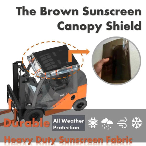 Universal Forklift Rain Cover Up To 6000lb Waterproof Rollable Clear EVA Shield on forklift with brown canopy shield.