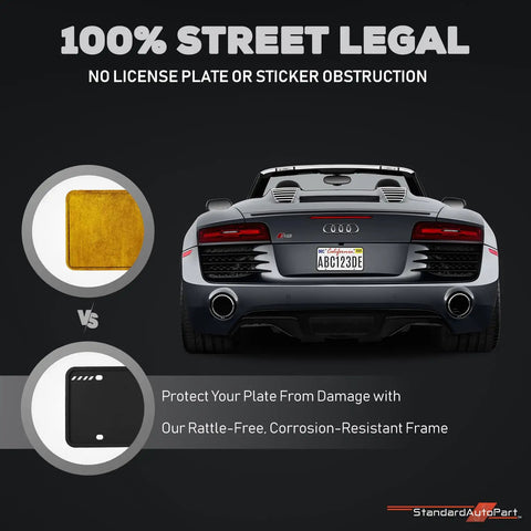 Silicone License Plate Frame Durable For Front And Rear Universal No Obstruction Anti Rattle Anti Scratch Must Have Weatherproof Rust Proof Street Legal Car Accessory displayed on a black sports car.