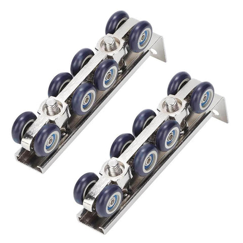 Beefy Eight Wheel Door Track Pulley System Heavy Duty Sliding Door Hardware With Zinc Alloy And Cold Rolled Steel Easy Install Rugged Hanging Wheel Kit For Home Office And Commercial Use Measures 13 X 3.5 X 2.2 Cm, two units side view