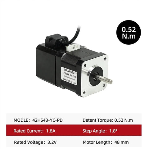 Hanpose brake stepper motor 42HS48-YC-PD, NEMA 17, front view with shaft; 3.2V, 1.8A, 0.52 N·m