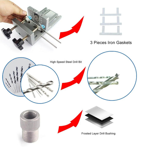 Pro DIY Dowel Jig Kit For Woodworking 3 In 1 Panel Handheld Tool with drill bits, gaskets, positioning rod, and frosted bushings.