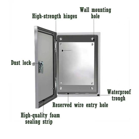Heavy Duty Stainless Steel Electrical Enclosure Box With Hinged Cover For Indoor And Outdoor Use open view showing features.