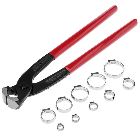 116 Pcs 304 Stainless Steel Ear Hose Clamp Assortment Kit With Pincer 6 Mm To 28.6 Mm Single Ear Stepless Crimp Clamps displayed on white background