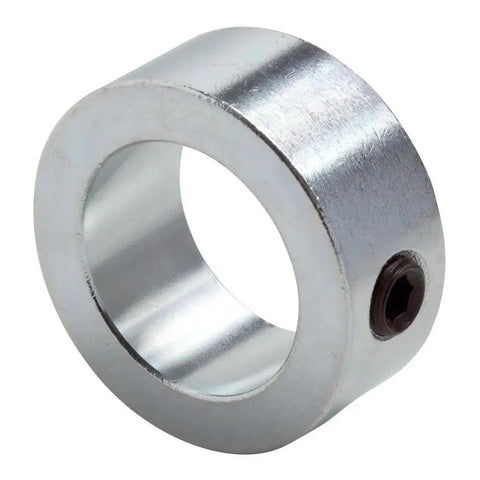 1 Inch Bore Shaft Collar With Set Screw Zinc Plated Steel One Piece One And A Half Inch Outer Diameter Five Eighth Inch Wide Five Sixteenth Inch By Eighteen Set Screw Easy Install On Hard Or Soft Shafts Durable And Cost Effective Climax Metal, front view