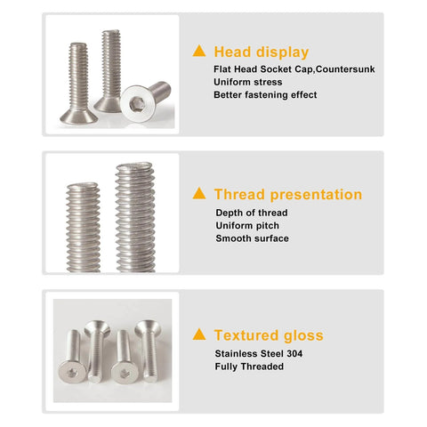 M6 1.0 By 16mm Flat Head Hex Socket Cap Screws Countersunk Bolts 304 Stainless Steel Fully Threaded Bright Finish