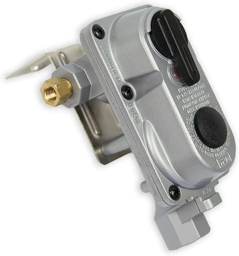 Close-up of Dual Tank RV Propane Regulator With 2 Stage Auto Changeover for continuous gas supply, showing control dial.