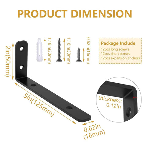 Diagram showing dimensions of 6-Piece L Shelf Brackets, 5x2 Inch Corner Support Brackets with matte black finish, screws included.