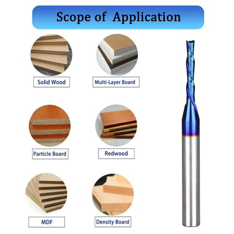 Twofer Pack Down Cut Spiral CNC Router Bits With 1/4 Inch Shank And 1/8 Inch Cutting Diameter, shown with wood types for use