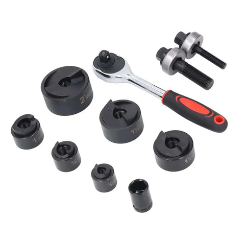 Ratchet Hole Punch Kit For Cutting Clean Burr Free Holes From Half Inch To Two Inch in metal plastic and aluminum, 8-piece set