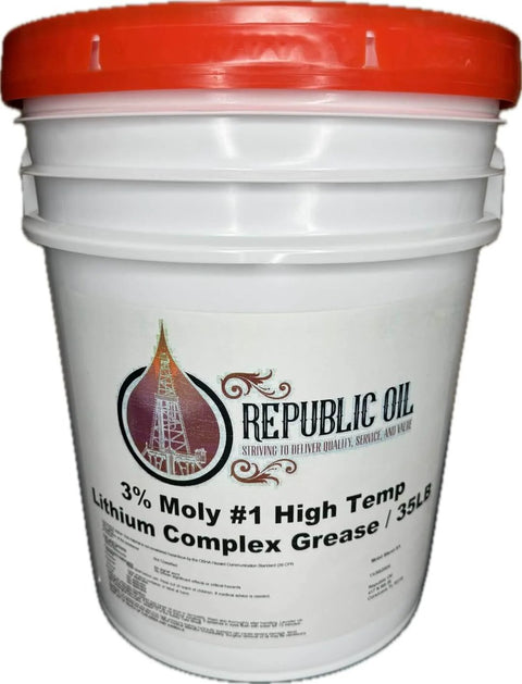 Three Percent Moly High Temp Lithium Complex Heavy Duty Grease 35 Lb Pail with orange lid for winter performance.