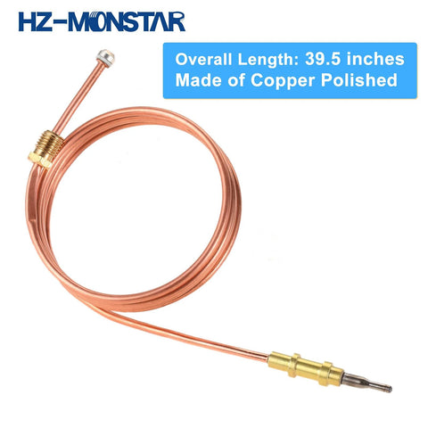 HZ-MONSTAR gas heater thermocouple, copper polished, 39.5 in overall length with M8x1 threaded end and brass fittings