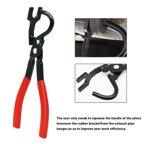 Exhaust Hanger Removal Pliers For All Rubber Hangers And Brackets shown with rubber grips, metal pliers, close-up of use.