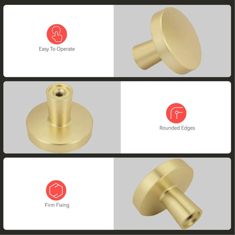 Gold Cabinet Knobs Set, Round Brushed Brass Zinc Alloy Hardware For Dresser Drawer Cupboard, 25 Pack, side and top view with details