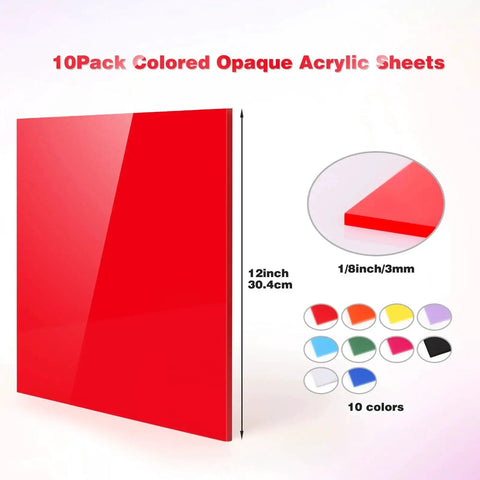 Colorful Cast Acrylic Sheets Set For Laser Cutting And DIY Crafts 12 By 12 Inch 3 Mm Thick 10 Pack With Protective Paper Opaque