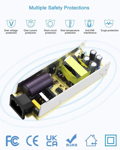 Interior view of 12V Power Supply 10A 120W AC Adapter Universal 100-240V 50/60Hz DC Converter With 5.5x2.5mm Output for LED Strip Lights CCTV Cameras and 3D Printers Plug And Play For DIY Projects showing safety features and circuit components.