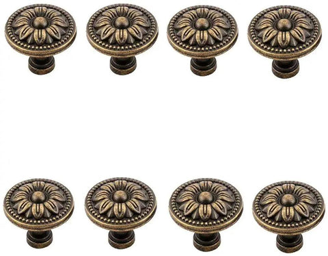 Metal Flower Shape Pull Handle Cabinet Knob Bronze Tone Set Of 8 With Screws For Doors And Drawers displayed in a row.
