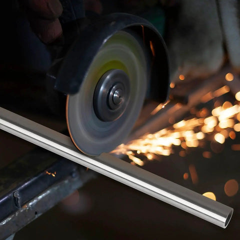 Grinding process on 304 Stainless Steel Round Tube One Quarter Inch OD Weldable Pipe, 12 Inch Length, showing industrial fabrication use