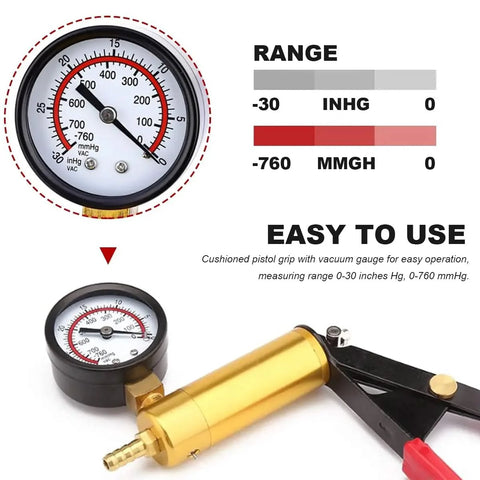 Hand held brake bleeder vacuum pump with gauge, brass body, red and black handles