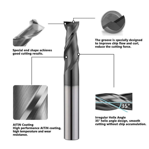 2 Flute Tungsten Carbide End Mill Set One Sixteenth Inch Cutting Diameter With AlTiN Coating For Milling Alloy Steels Cast Iron And Carbon Steel, 5 Piece Pro Grade Heavy Duty Milling Bits, detailed view showing edge, coating, and design features