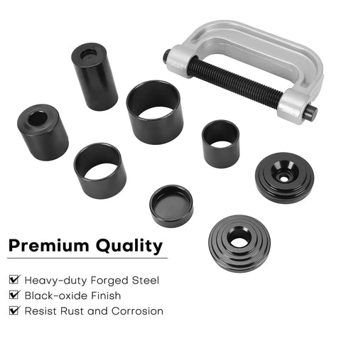 Components of Ball Joint Press And U Joint Tool With 4x4 Adapters For Cars And Trucks including C clamp and adapters.