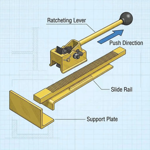 Diagram of Hardwood Flooring Jack And Positioning Tool With Ratchet For Straight Install showing components and their functions.