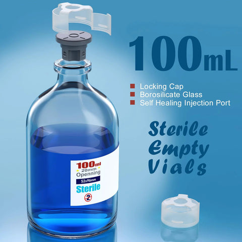 Sterile 100ml glass vial with locking cap and self-healing injection port; borosilicate glass, blue liquid inside