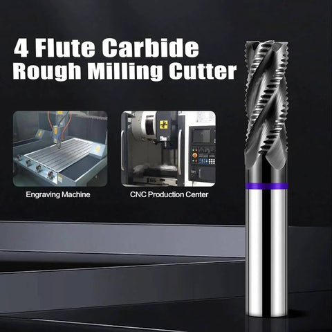 Rugged One Half Inch Four Flute Carbide Roughing End Mill For Steel Aluminum And Hardened Metals displayed with CNC machine