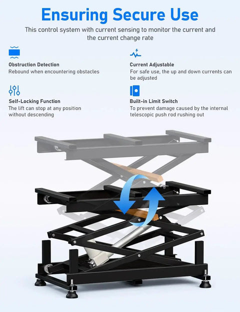 Front view of DIHOOL electric scissor lift table with a black metal frame and lifting platform.