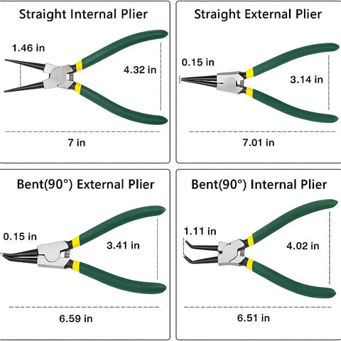 Diagram of 7 Inch Snap Ring Pliers Set 4 Piece Heavy Duty Retaining Ring Pliers Kit with dimensions for straight and bent jaws.