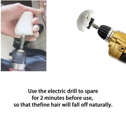 Person using DIY Friendly Buffing Wheel Kit With White Flannelette Pads, attached to a drill for polishing metal and jewelry.