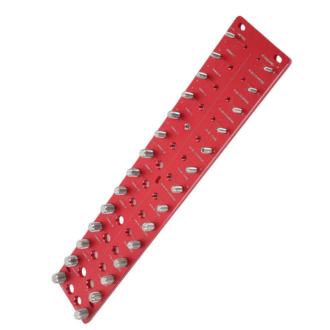 Nut And Bolt Thread Checker Set With 28 Hole Metal Gauge For Metric And Standard Threads handy size finder in red.