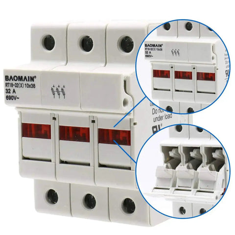 3 Pole Cylindrical Fuse Holder With LED Indicator for 10 X 38 mm Fuses, 32 Amp 690 VAC, 35mm DIN Rail Mount, UL and CE Certified