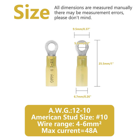 Two yellow insulated heat-shrink ring terminals for 10 AWG wire; eyelet type.
